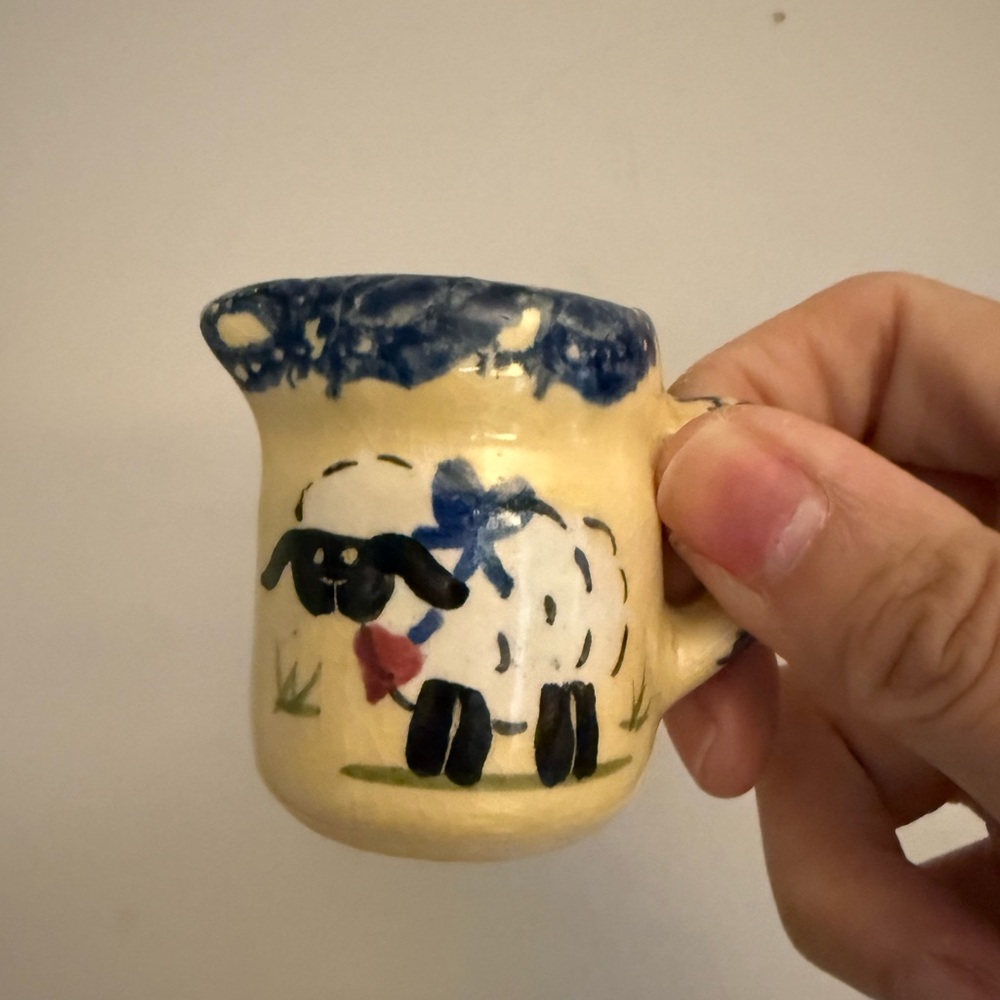 Alpine Pottery tiny sheep hand painted spongeware pitcher Roseville, Ohio.